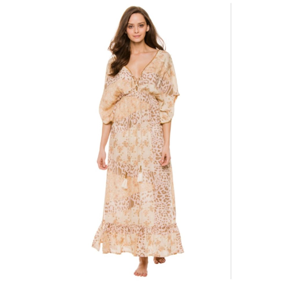 NWT Z&L Europe gold bead-trimmed neckline butterfly sleeves Dancing Queen DressM